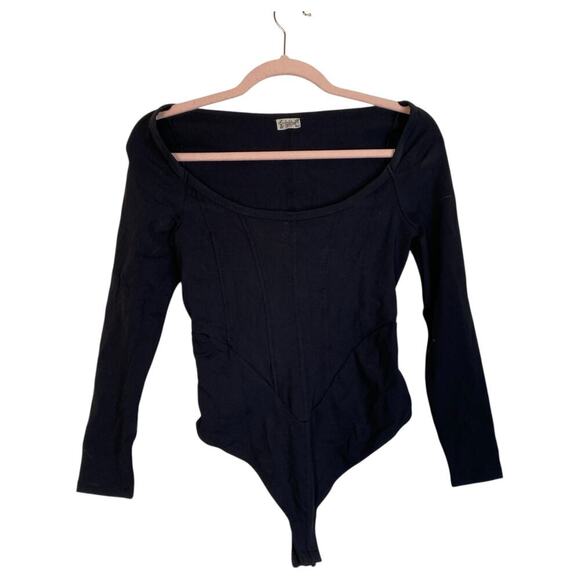 FREE PEOPLE Intimately Black Thong Corset Bodysuit Bustier Long Sleeve Small - Picture 1 of 5